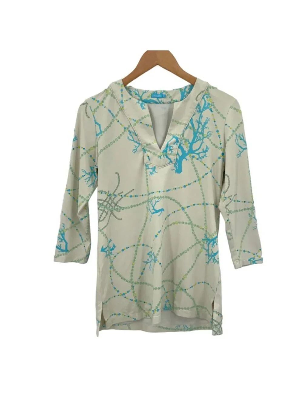 J McLaughlin Top Women XS Catalina Cloth Tunic Blue Cream 3/4 Sleeve